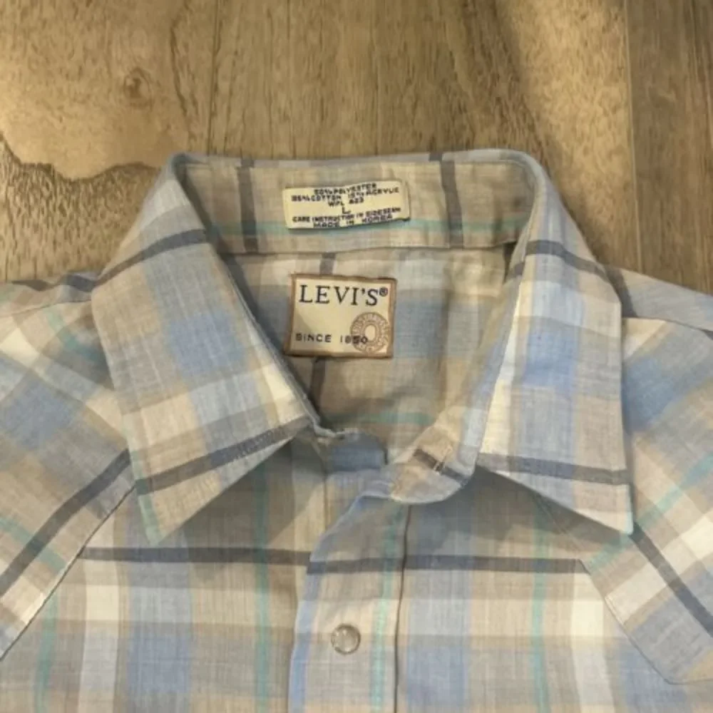 Vintage Levis Men Western Tan Blue Plaid Long Sleeve Pearl Snap Large Has Stain - Picture 4 of 6